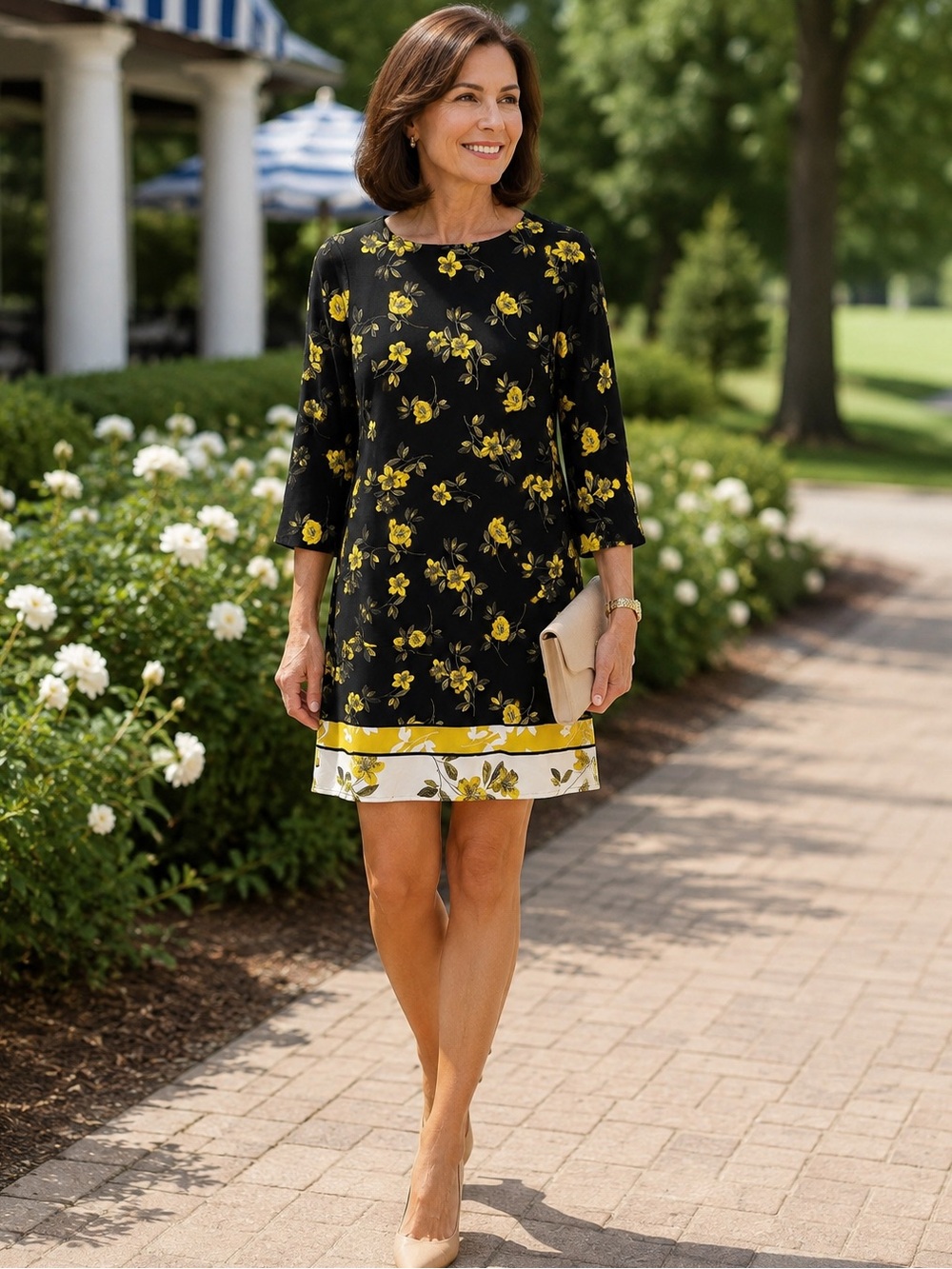 Alfani Petite 4P Black Yellow Floral Border Print 3/4 Sleeve Shift Dress